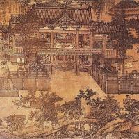 Chinese painting of a water-powered mill for grain, with surrounding river transport. Northern Song Dynasty
