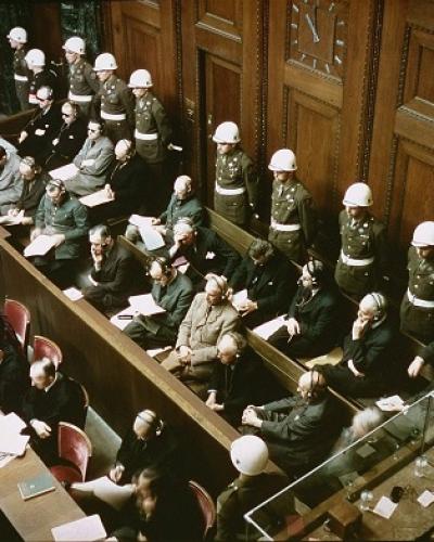  View of the defendants in the dock at the International Military Tribunal trial of war criminals at Nuremberg.
