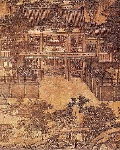 Chinese painting of a water-powered mill for grain, with surrounding river transport. Northern Song Dynasty