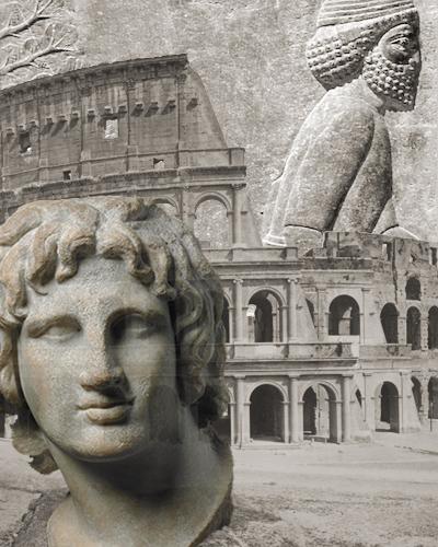 The Rome Colesseum with bust of Alexader the Great and Persepolis